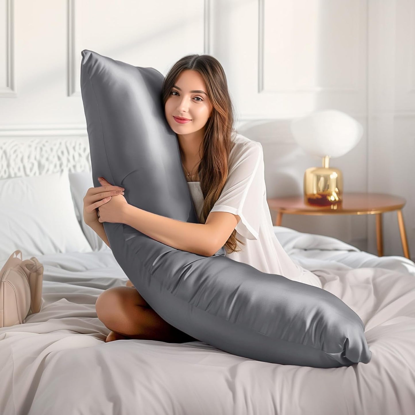 BEDELITE Satin Body Pillow Cover 2 Pack, Super Soft and Cooling Body Pillow Pillowcase for Hair and Skin, Breathable Silky Full Long Pillowcase Cover(20"x54", Dark Grey)