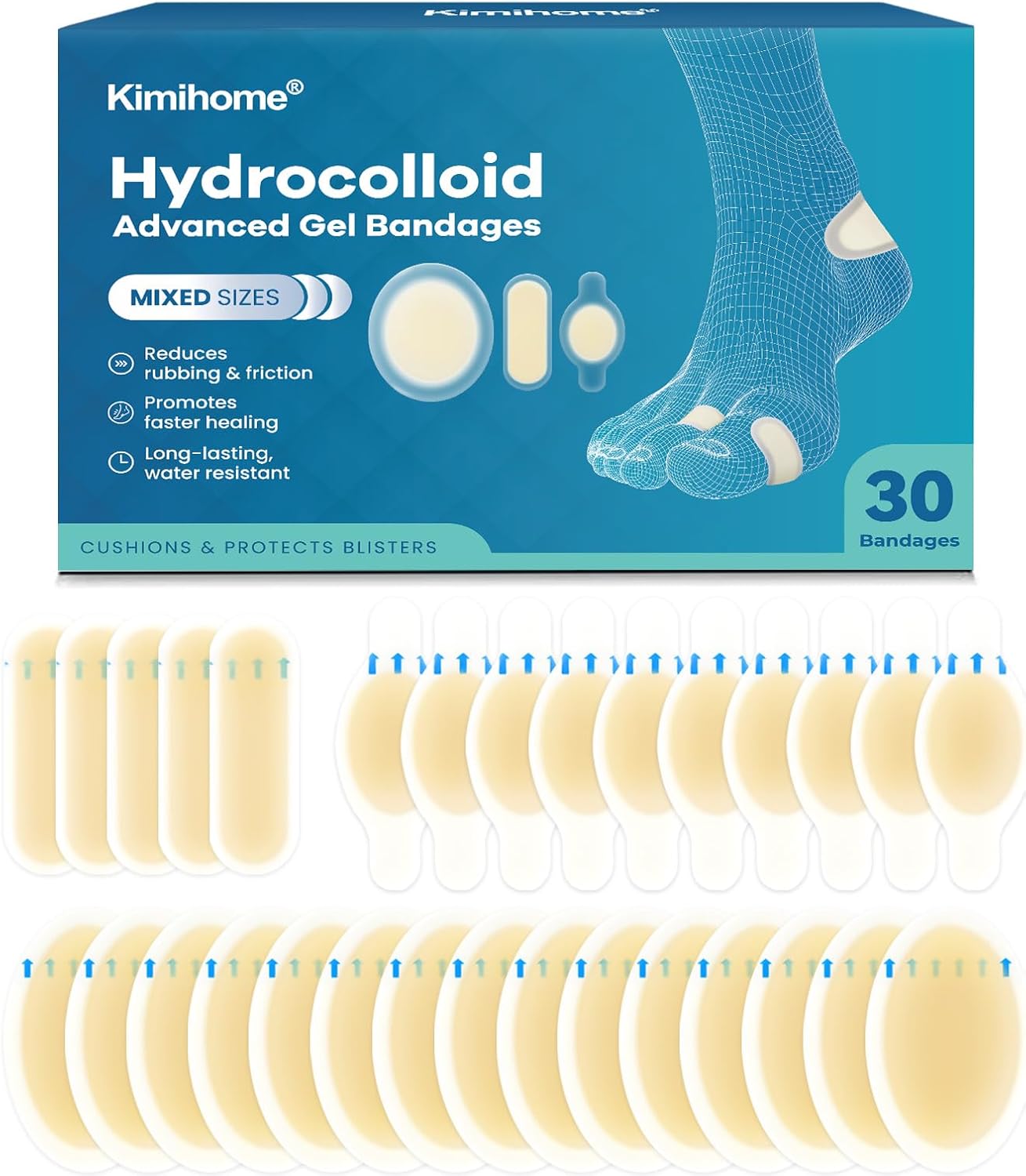 Hydrocolloid Blister Bandages for Feet - 30ct Gel Blister Bandages - Blister Cushions for Heel, Toe - Blister Prevention for Travel - Water Resistant Bandages Pads (Variety Pack)