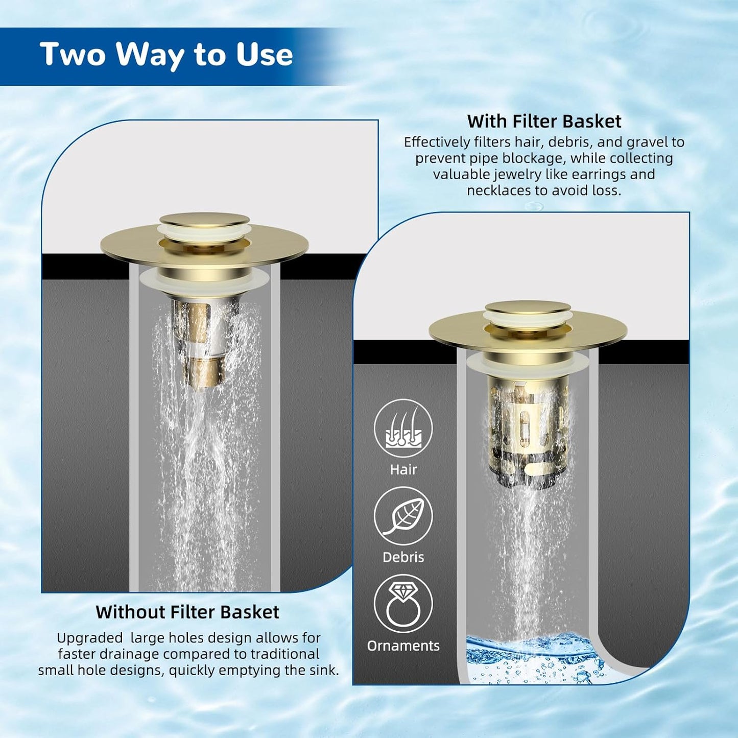Hibbent 2 Pack Upgraded 3 in 1 Bathroom Sink Drain Strainer, Universal Pop Up Stopper with Removable Stainless Steel Filter Basket Hair Catcher, Sink Plug for 1.1''~2.36'' Basin, Brushed Gold