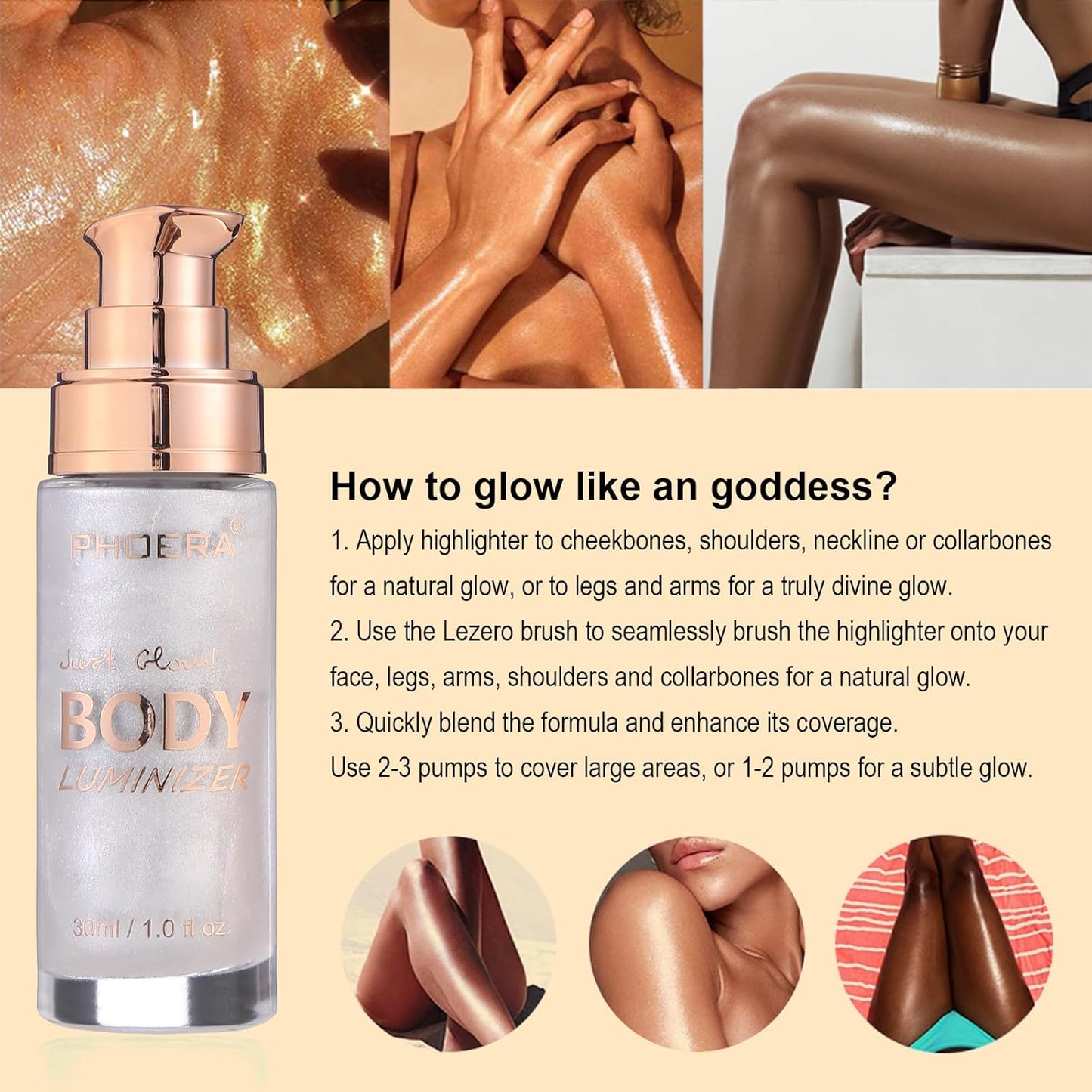 Body Shimmer Oil, Diamond Platinum Natural Glow Luminizer, Long Lasting Waterproof Moisturizing Liquid Illuminator Highlighter Makeup for a Sun-Kissed Glow, Brush Include, 1oz, Light Fair