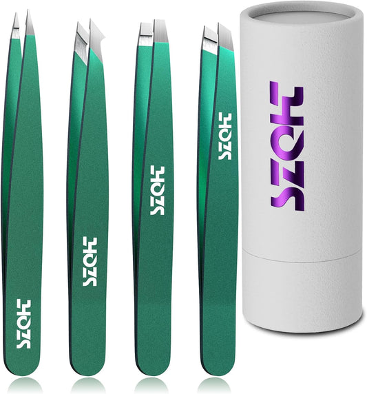 Professional Tweezers Set for Eyebrows – 4PC Precision Stainless Steel Tweezers Kit with Slant, Pointed & Flat Tips – Eyebrow Hair Removal Tool for Women & Men – Eco-Friendly Paper Tube Packaging