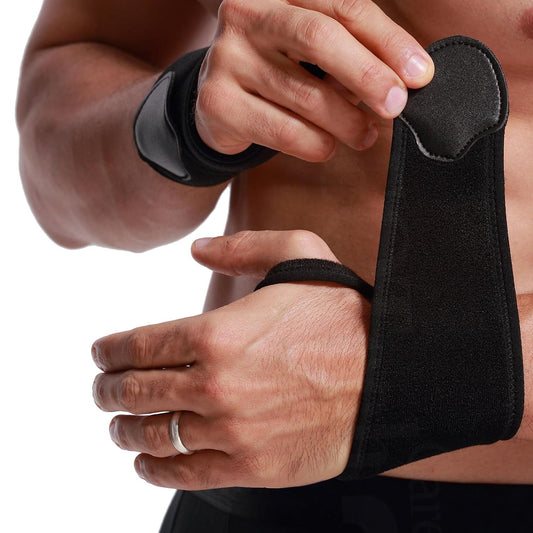 NeoTech Care Wrist Band - Elastic & Breathable Fabric - Adjustable Compression Strap - Men, Women, Right or Left - Support Wrap for Protection or Sports (Black Color, Size L, 1 Pair)