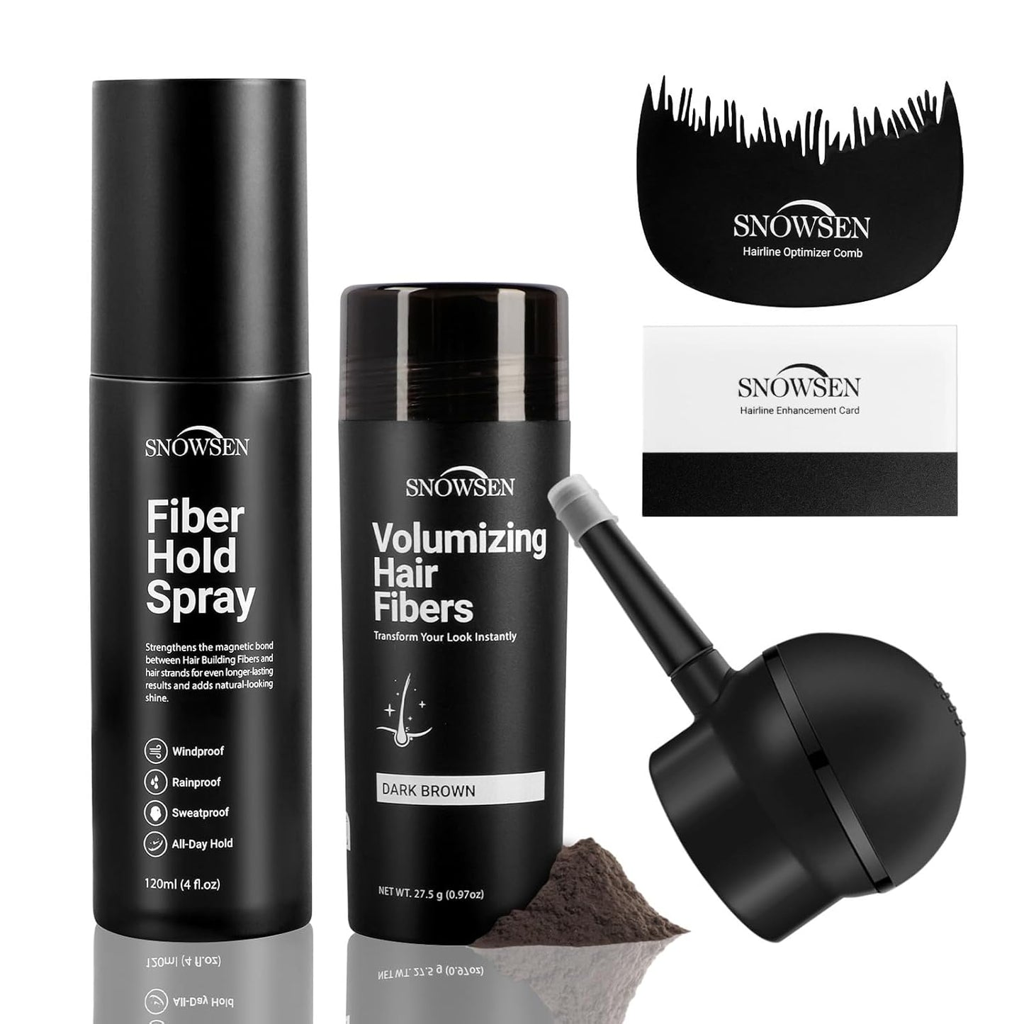 Hair Fibers for Thinning Hair, Dark Brown, Professional 5-in-1 Hair & Beard Styling Set, Include Applicator Pump, Fiber Hold Spray, Application Card, Hairline Comb,Hair Powder for Women & Men