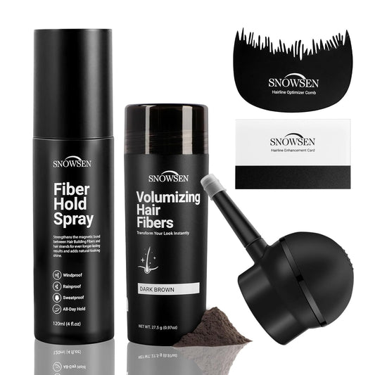 Hair Fibers for Thinning Hair, Dark Brown, Professional 5-in-1 Hair & Beard Styling Set, Include Applicator Pump, Fiber Hold Spray, Application Card, Hairline Comb,Hair Powder for Women & Men
