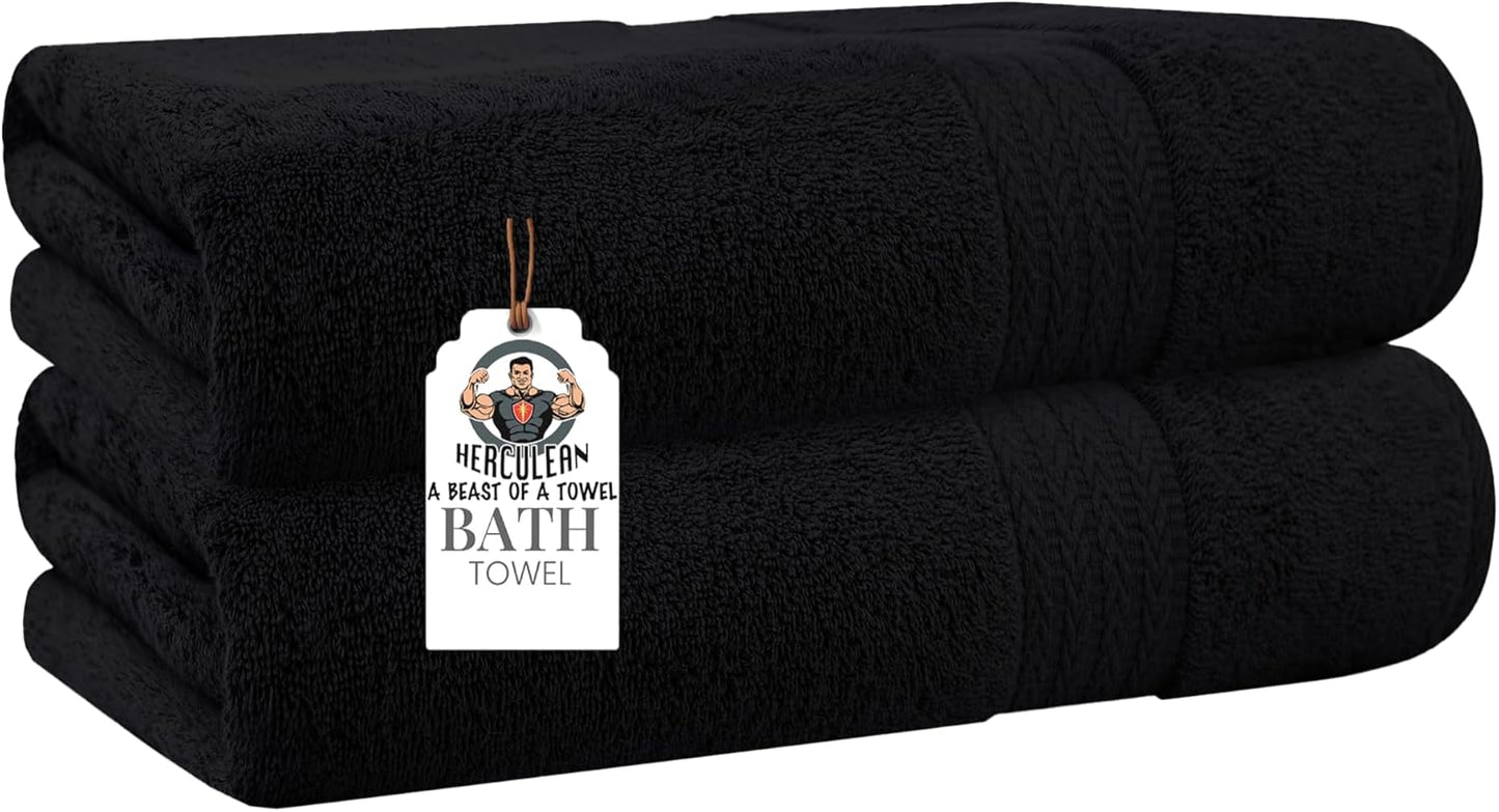 HERCULEAN Oversized Bath Sheet 35 x 75 Pack of 2 | 450 GSM Quick Dry and Highly Absorbent | 100% Cotton Terry Towels for Bathroom - Perfect for Shower - Pool and Spa - Luxury Soft Towels - Black