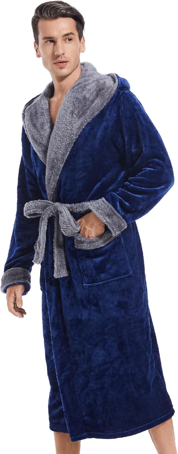 Inner Wish Mens Hooded Robe, Plush Long Bath robes Cozy Warm Bathrobe Fuzzy male Spa Robe With Pockets