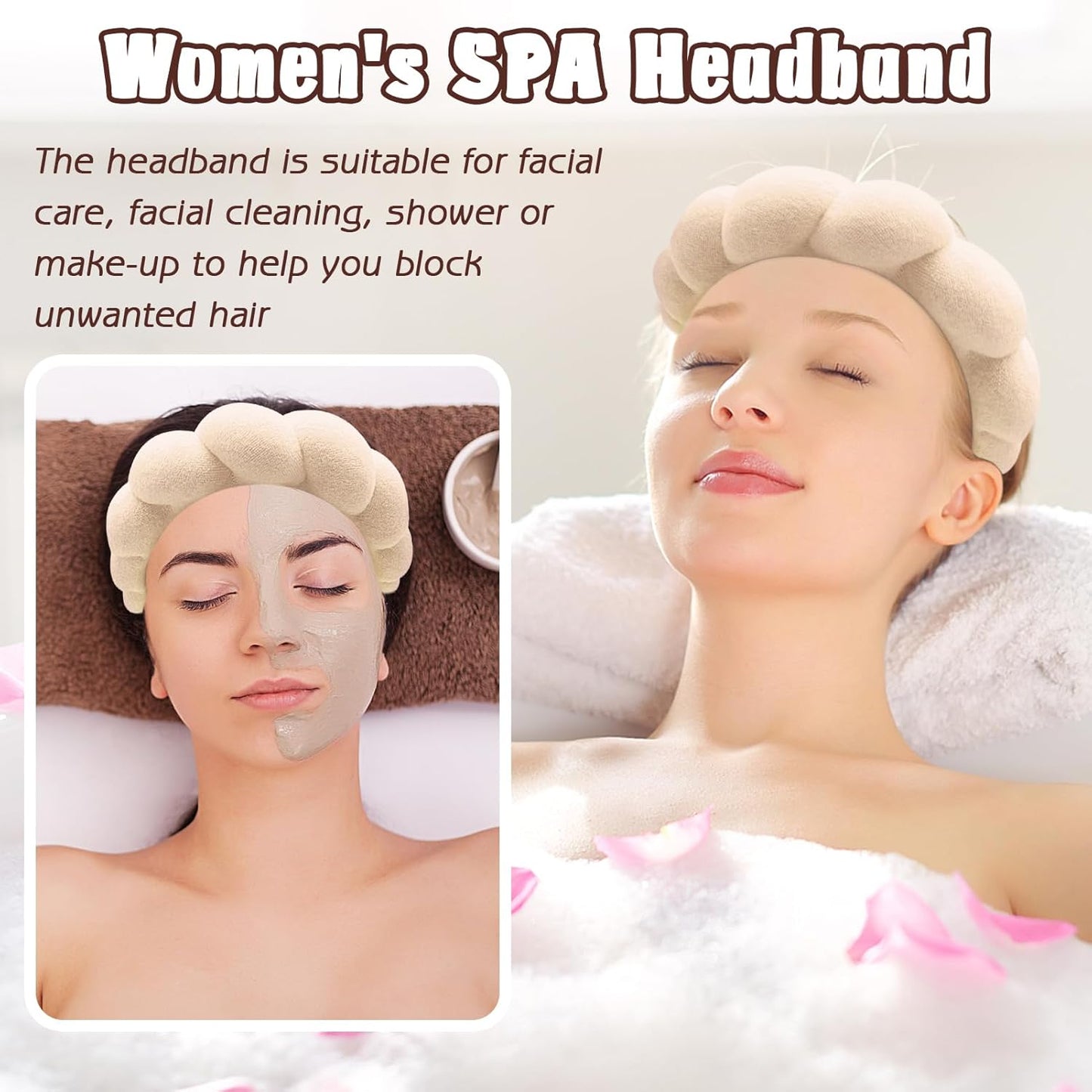 Zkptops Spa Headband for Women Sponge Makeup Skincare Headband Washing Face Wristband Set Terry Cloth Bubble Soft Get Ready Hairband Puffy Padded Headwear Non Slip Thick Hair Accessory(Beige)