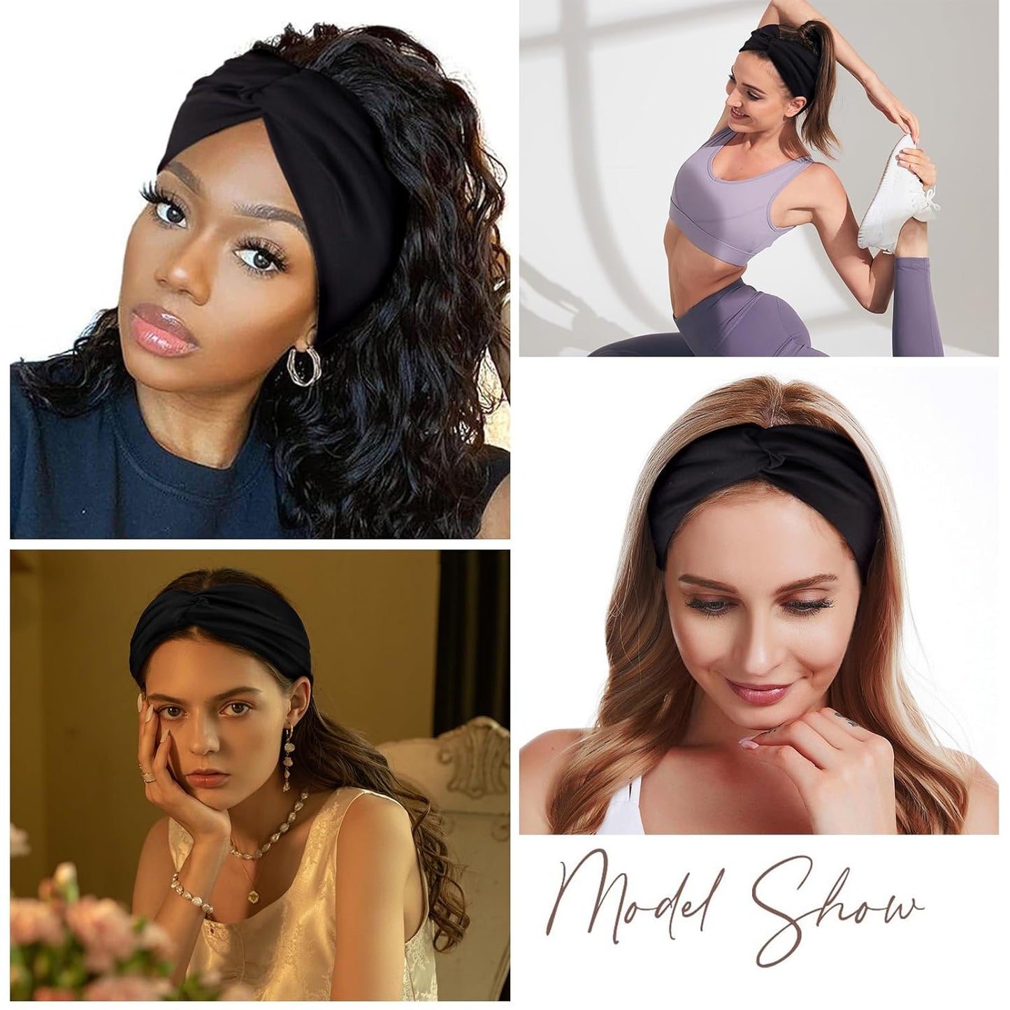 Yeshan Black Headbands for Women No slip Wide Stretchy Headbands Twist Knotted Headbands Yoga Workout Sport Hair bands,Pack of 12