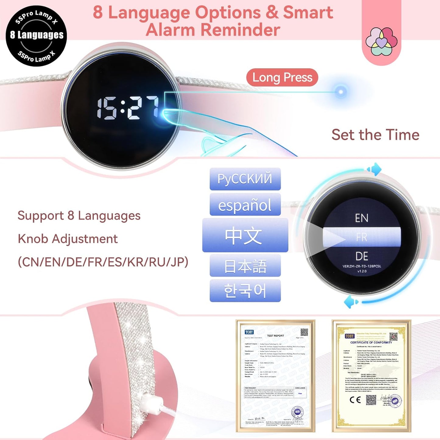 SAVILAND Half Moon Nail Light for Desk: Pink 48W 29In 8 Languages Display Screen Halfmoon Light with Phone Holder 3000-6000K Adjustable Aliminium 76 * 6 * 64cm Desk Light Nail Desk Lamp for Nail Art