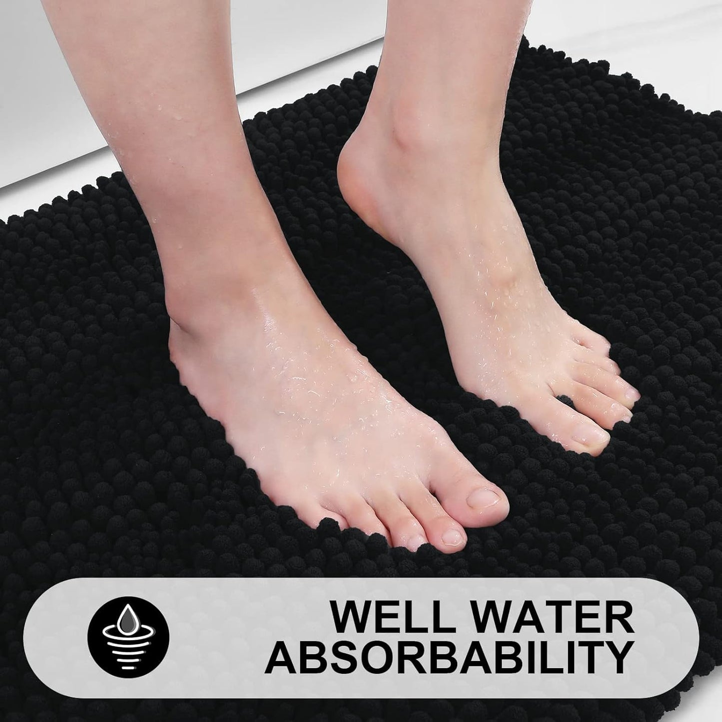 Grandaily Chenille Striped Bathroom Rugs 59x20, Extra Thick and Absorbent Bath Mats, Non-Slip Soft Plush Shaggy Shower Carpet, Machine Wash Dry, Bath Rug for Bathroom, Black