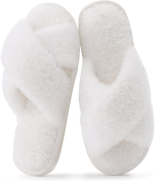 Evshine Women's Fuzzy Slippers Cross Band Memory Foam House Slippers Open Toe