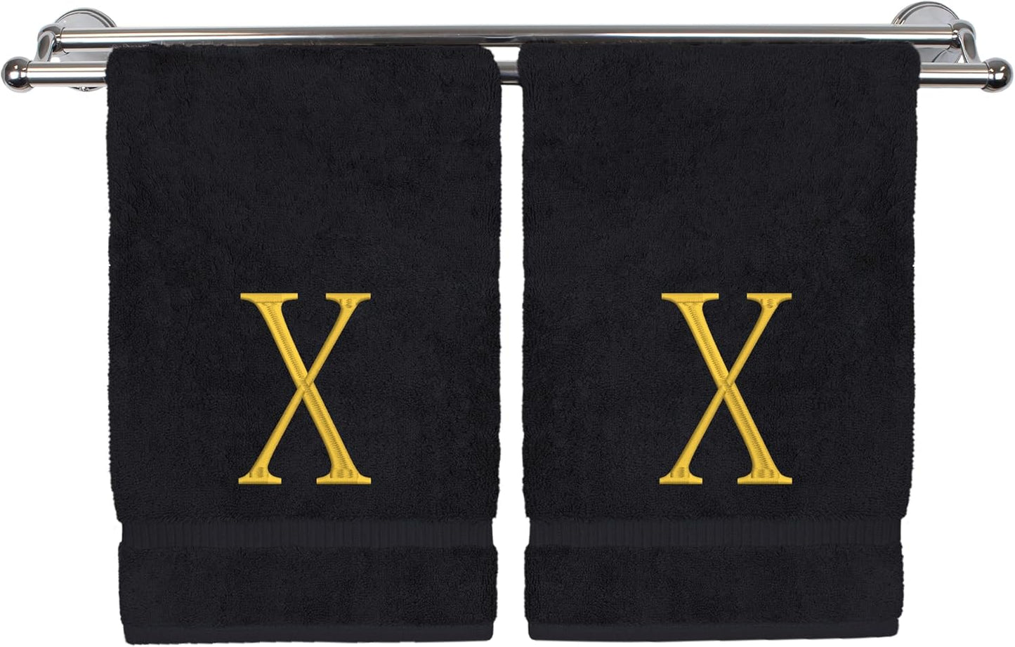 Monogrammed Hand Towel, Personalized Initial Gift, Extra Absorbent 100% Turkish Cotton - Soft Terry Finish - Set of 2 - Gold Block Initial X - Embroidered on Black Towels