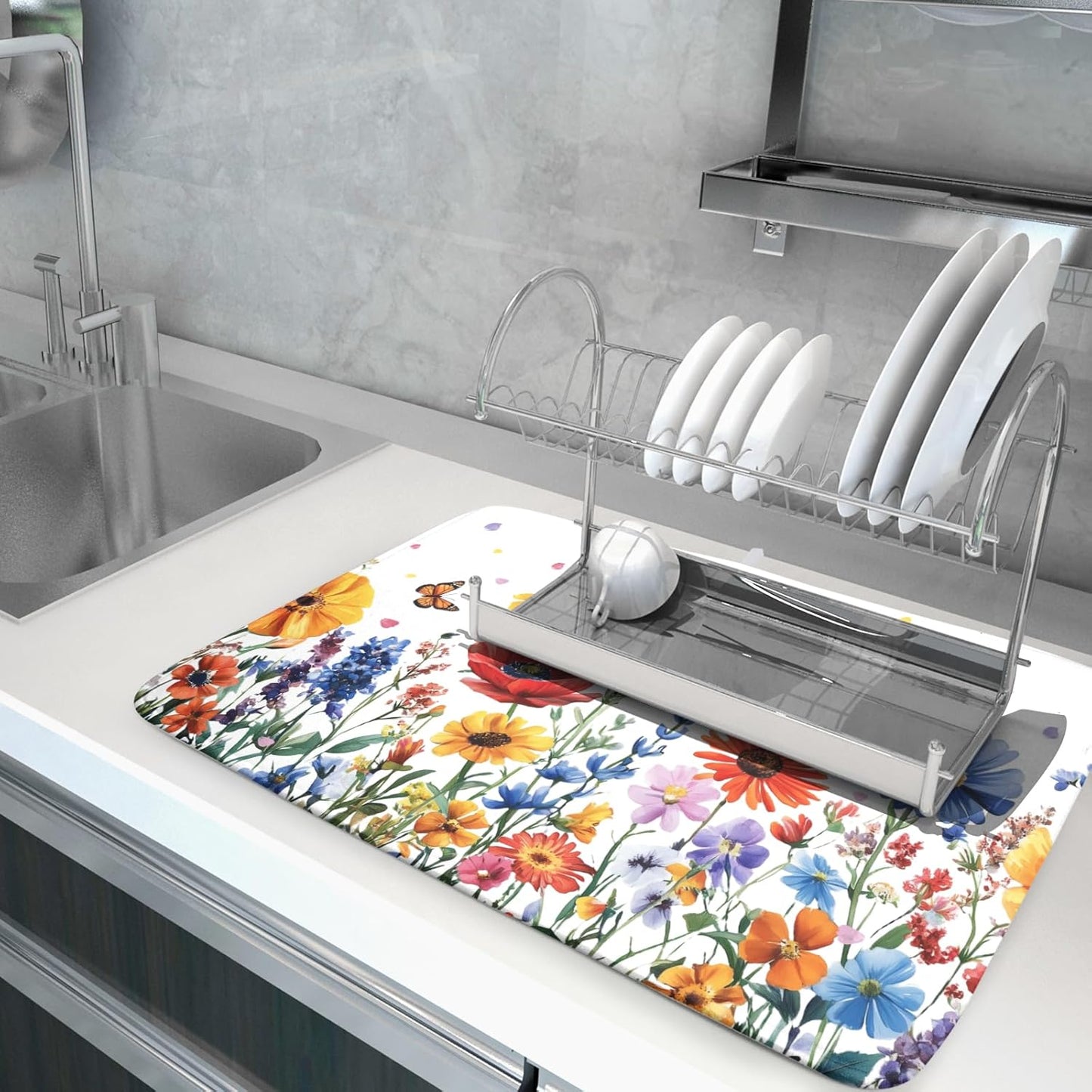 Watercolor Flower Dish Drying Mat 18x24 Inch Floral Butterfly Dish Drainer Protector Pad Washable Reversible Kitchen Counter Dish Dry Pad