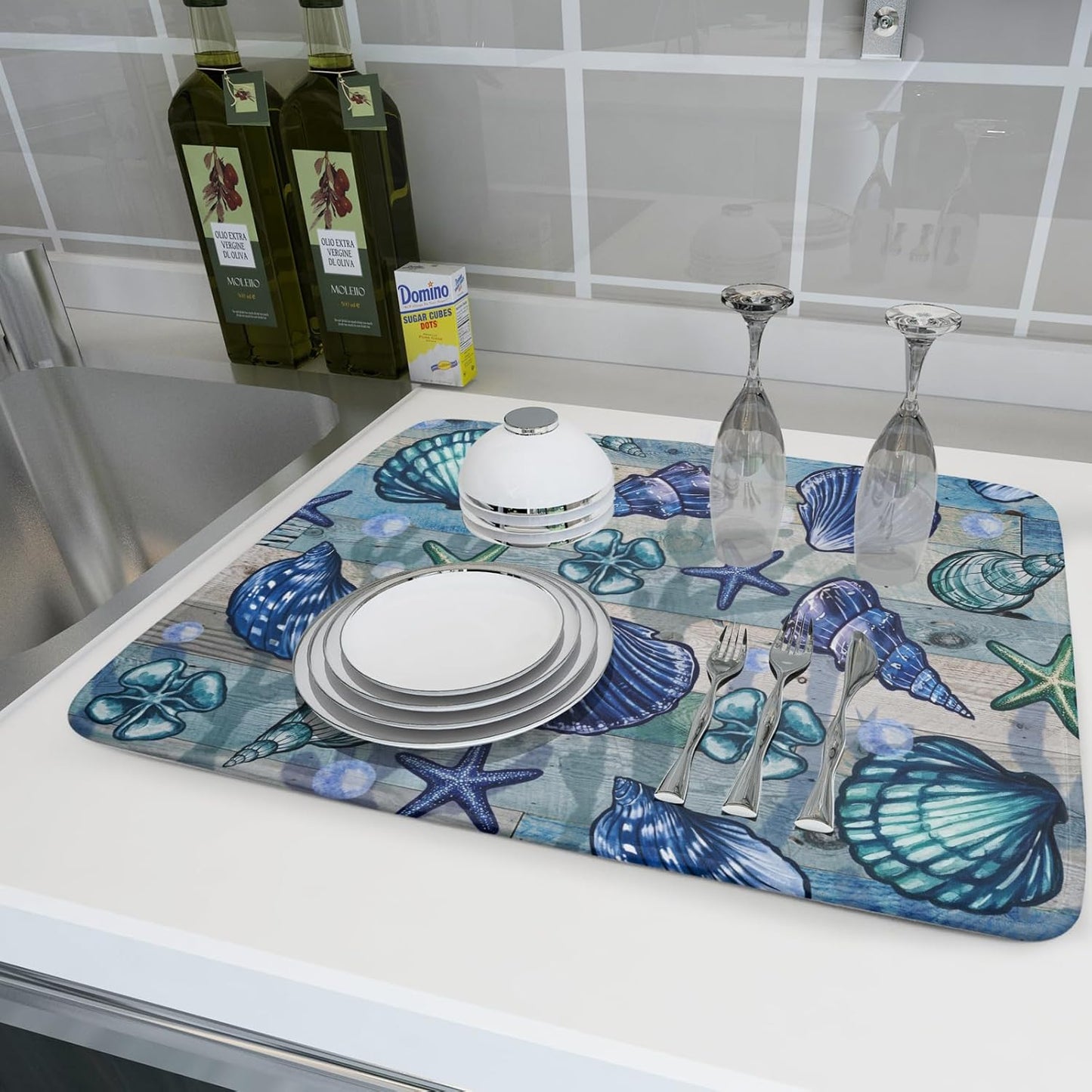 Starfish Seashell Dish Drying Mat 18x24 inch Coastal Beach Dish Drainer Rack Pad Absorbent Microfiber Fast Dry Kitchen Counter Accessories
