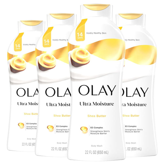 Olay Body Wash for Women, Ultra Moisture, 24hr Moisturizing, Hydrating & Refreshing, B3 Vitamin Complex, Free of Parabens & Phthalates, For All Skin Types, Shea Butter Scent, 22 fl oz (Pack of 4)