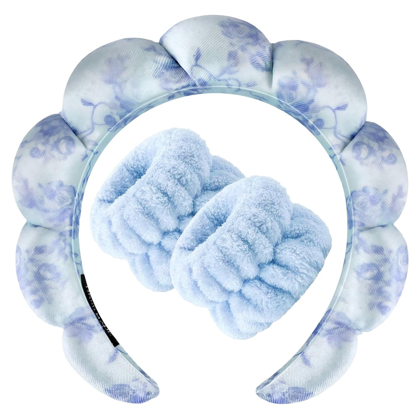 Zkptops Spa Headband for Washing Face Wristband Set Flower Sponge Makeup Skincare Velvet Fabric Bubble Soft Get Ready Hairband for Women Puffy Headwear Non Slip Thick Thin Hair Accessory(Blue Flowers)