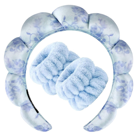 Zkptops Spa Headband for Washing Face Wristband Set Flower Sponge Makeup Skincare Velvet Fabric Bubble Soft Get Ready Hairband for Women Puffy Headwear Non Slip Thick Thin Hair Accessory(Blue Flowers)