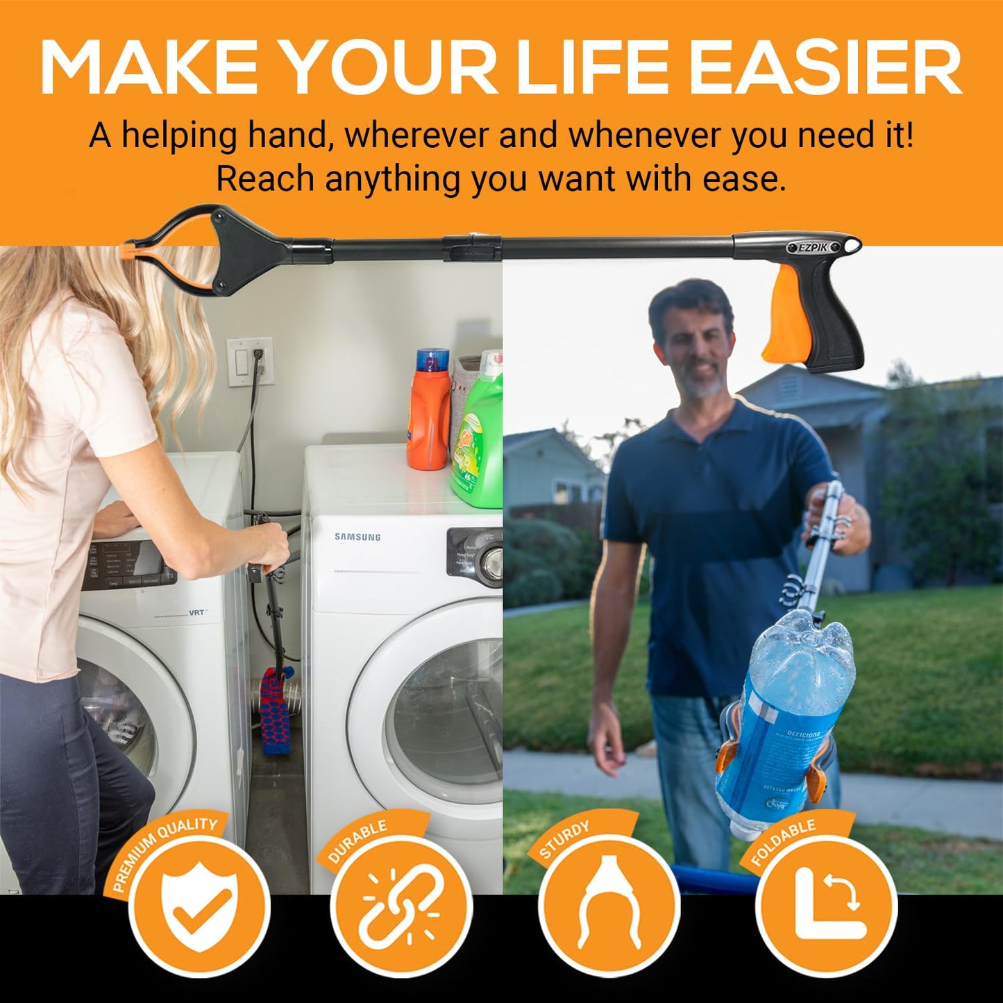 EZPIK® Reaching Aid Tool Grabber Reacher + Magnets - Grabbers for Seniors, Trash Picker Upper Grabber - Trash Grabber Tool- Reacher Grabber Pickup Tool with Rotating Head (26" Grip Aid)