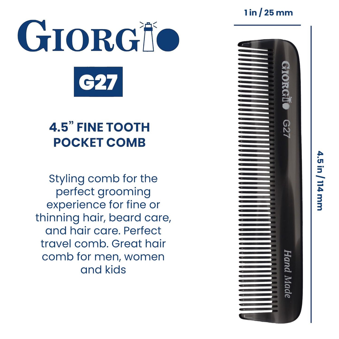 Giorgio G27 Handmade All Fine Tooth Pocket Comb, Hair Comb Straightener for Everyday Grooming Styling Hair, Mustache and Beard for Men Women and Kids, Saw Cut and Polished Black Graphite