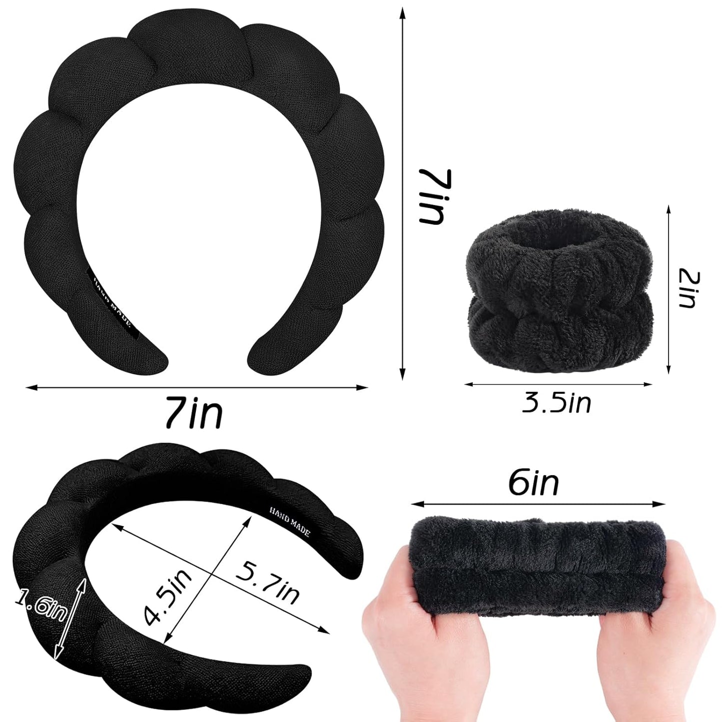 Zkptops Spa Headband for Washing Face Wristband Sponge Makeup Skincare Headband Terry Cloth Bubble Soft Get Ready Hairband for Women Girl Puffy Padded Headwear Non Slip Thick Hair Accessory(Black)