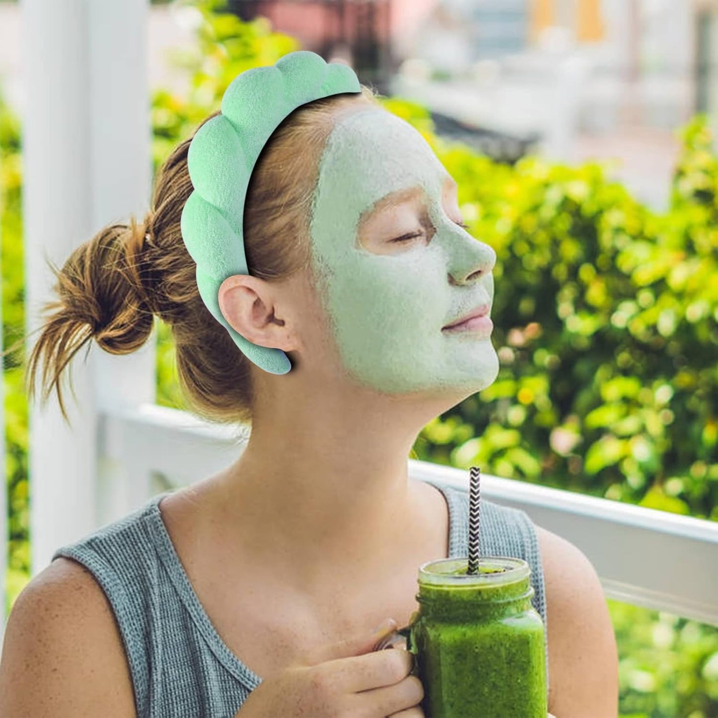 WSICSE Sponge Spa Headband for Women, Green Makeup Headband and Wrist Washband Set for Face Washing, Skincare, Shower, Makeup Removal