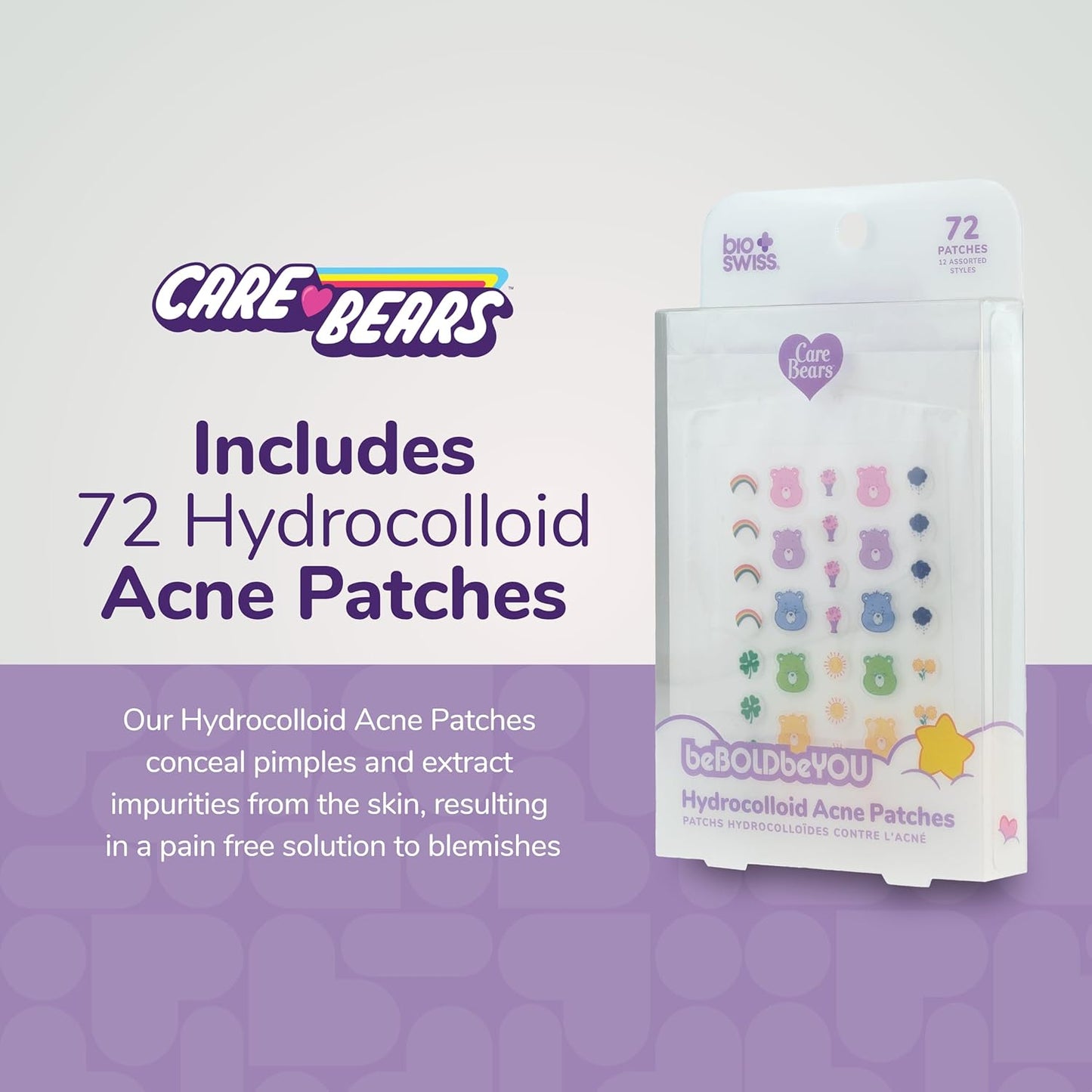 BioSwiss Care Bears Print Pimple Patches, Hydrocolloid Acne Patch for Zits and Blemishes, Face and Skin Stickers, 72 Count