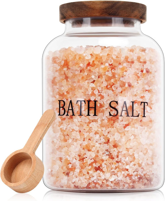 2Pcs 74 oz Glass Bath Salts Jar,Bath Salt Container with Wooden Lid and Scoop,Bathroom Organizers and Storage,for Bathroom Bath Decor,Home Decor,Bathtub Accessories for Women