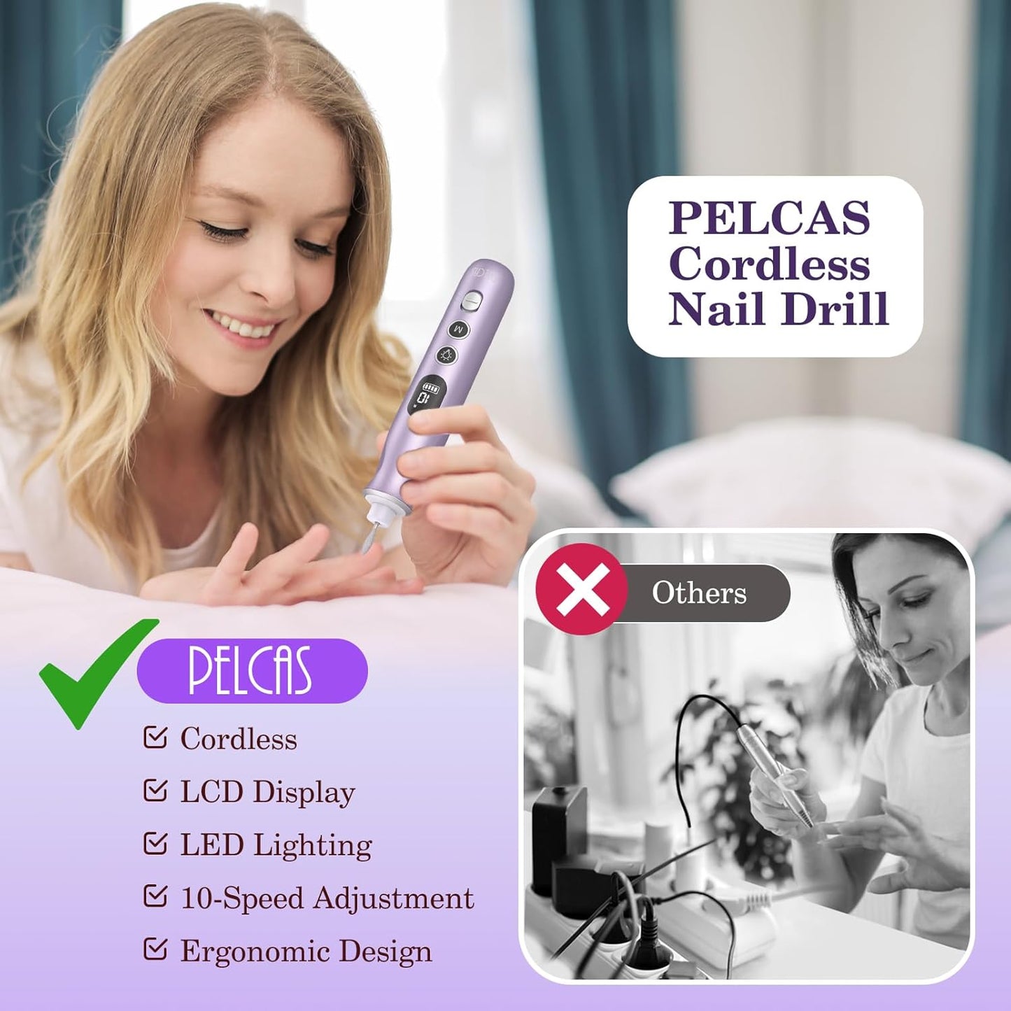 PELCAS Electric Nail Drills, 10 Speeds Cordless Nail File with LED Light, Portable Manicure & Pedicure Kit, Nail Grinder with LCD Screen for Human, Pet, Thick Toenails, Natural & Acrylic Nails Purple