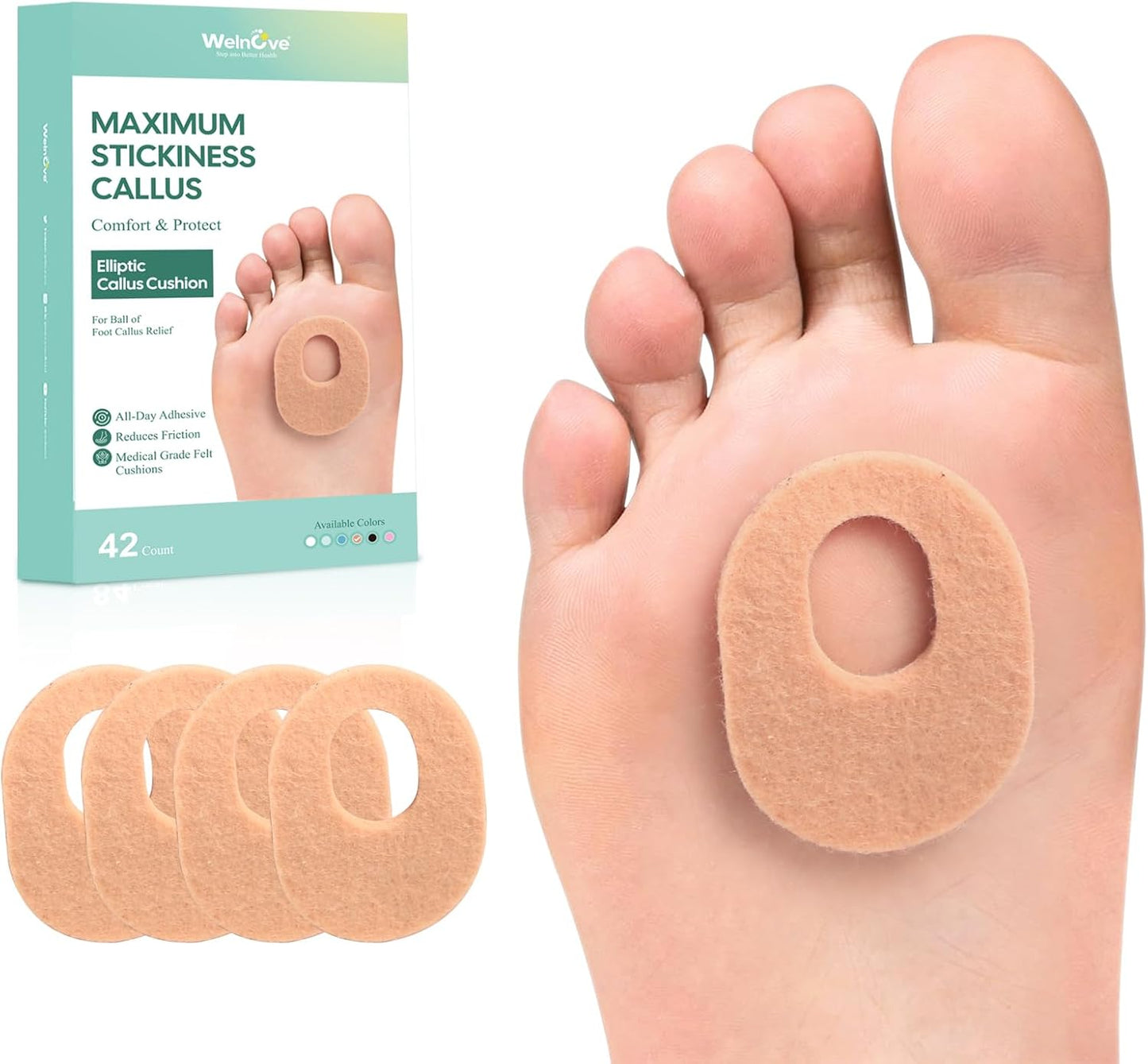 Welnove 42pcs Callus Pad with Water-Resistant Self-Stick Adhesive, Protects Foot, Heel and Toes from Rubbing and Friction,Oval Shape Design,Reduce Pressure and Friction from Shoes Rubbing-Skin Color