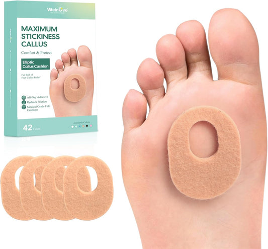 Welnove 42pcs Callus Pad with Water-Resistant Self-Stick Adhesive, Protects Foot, Heel and Toes from Rubbing and Friction,Oval Shape Design,Reduce Pressure and Friction from Shoes Rubbing-Skin Color