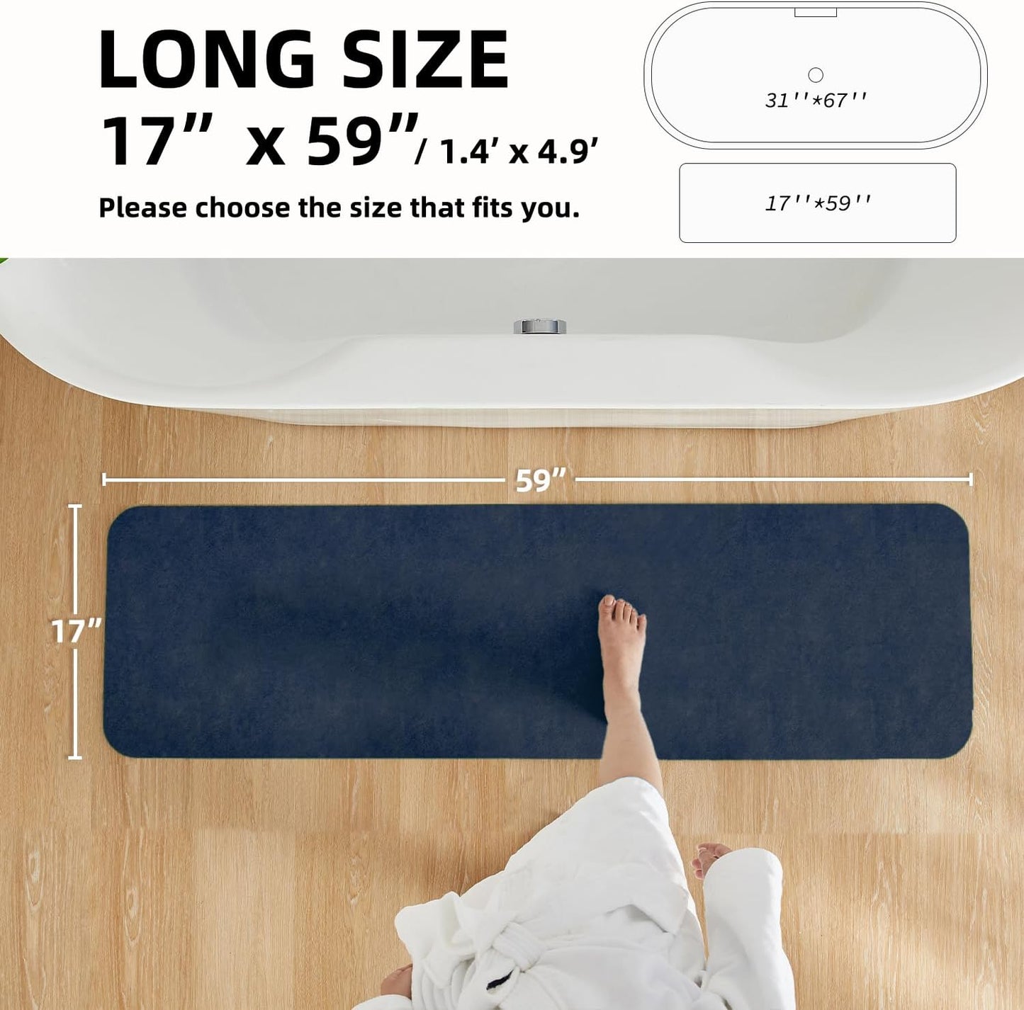 Bathroom Mat Quick Dry, Bathroom Rugs Non Slip Washable Thin Absorbent Bath Mat Fits Under Door Bathroom Floor Mat Perfect for Bath, Shower, or Sink 17"x59" Navy Blue