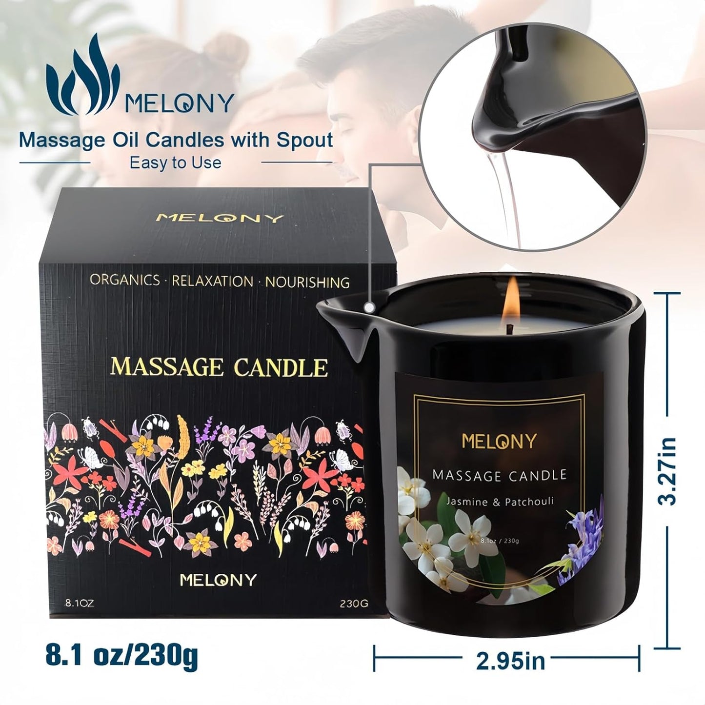 MELONY Luxury Massage Candle - Moisturising, Body Oil Candles for Muscle Relaxation, Home Spa, 8.1OZ (Jasmine & Patchouli)