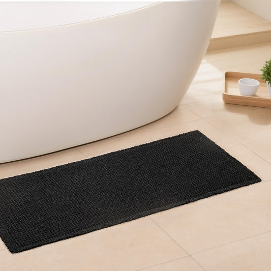 Black Long Bathroom Rug - Waffle Runner Bath Mat Non Slip Washable, Super Absorbent & Quick Dry, Boho Bath Mat Farmhouse Bathroom Decor, 24'' x 60'', Black