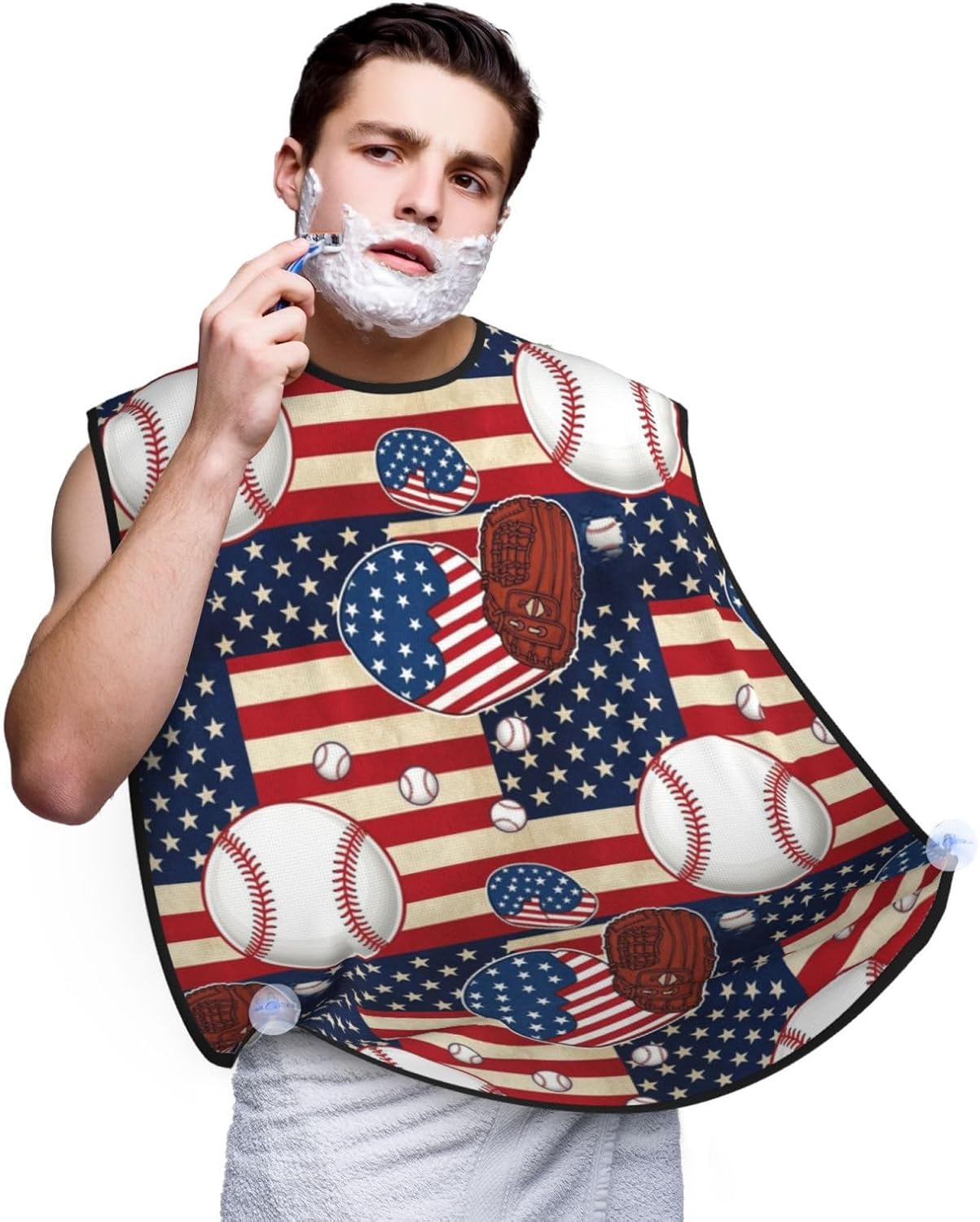 Adjustable Non-Stick Beard Apron, Hair Catcher Cape for Shaving Grooming, Waterproof with Suction Cups Men, Rustic Wooden American Flag Baseball Sport Shave Bib