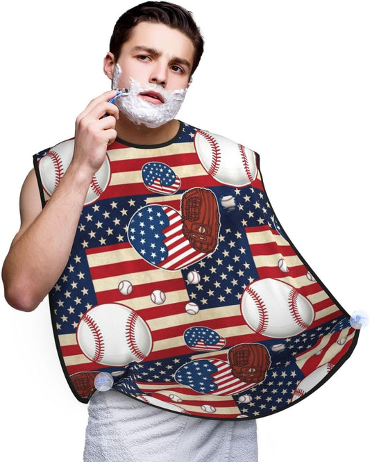Adjustable Non-Stick Beard Apron, Hair Catcher Cape for Shaving Grooming, Waterproof with Suction Cups Men, Rustic Wooden American Flag Baseball Sport Shave Bib