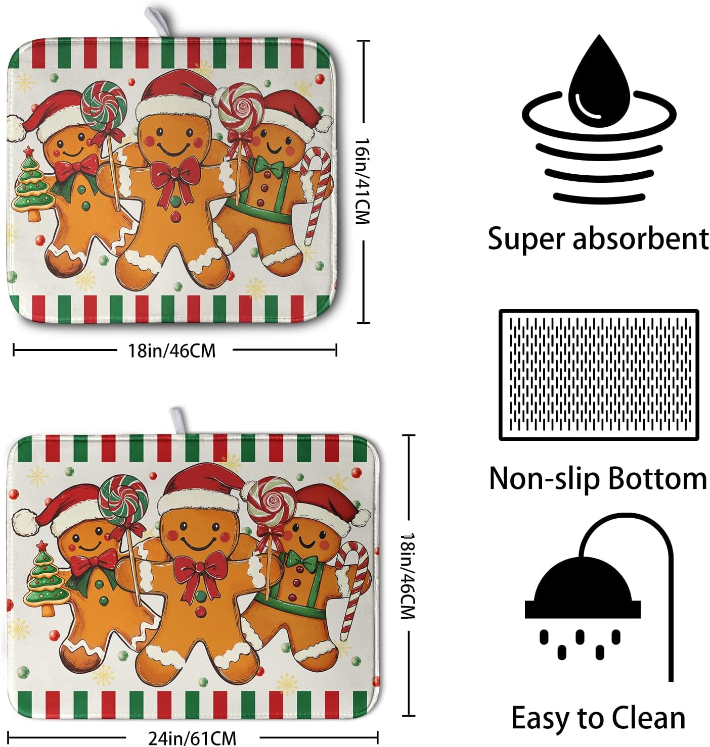 Christmas Dish Drying Mat Gingerbread Man Candy Cane Xmas Tree Drying Mats for Kitchen Counter Winter Holiday Dish Drainer Pad Absorbent Microfiber Dish Draining Mat 16x18 Inch