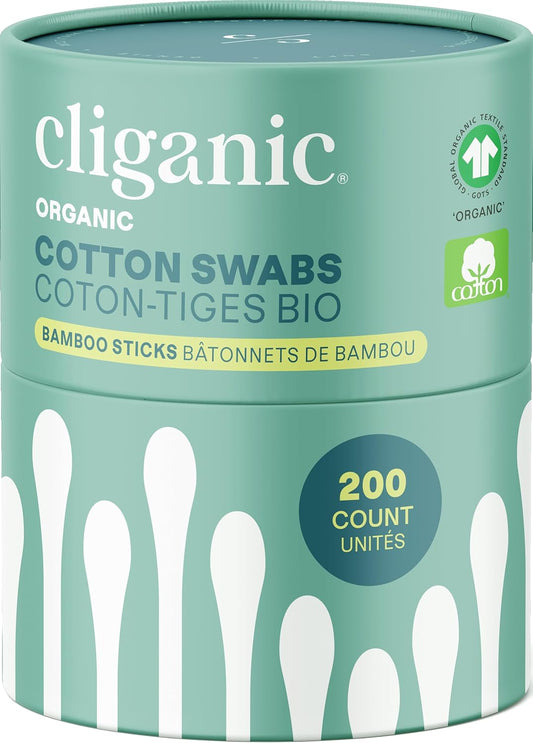 Cliganic Organic Bamboo Cotton Swabs, 200 Count - 100% Pure Natural Cotton, Chlorine-Free Hypoallergenic, Soft, Gentle & Absorbent Buds