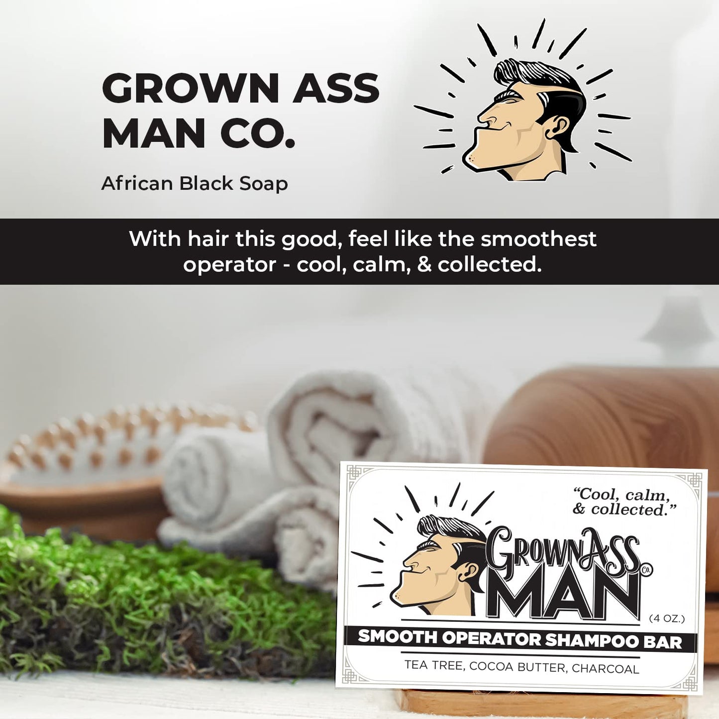 Grown Ass Man Co. - Solid Shampoo Bar Rich Lather 3 in 1: Hair, Beard & Body Wash - Plastic Free & Eco-Friendly, Natural & Organic Clean for All Hair Types, 4oz Bar (Smooth Operator, 6-Pack)