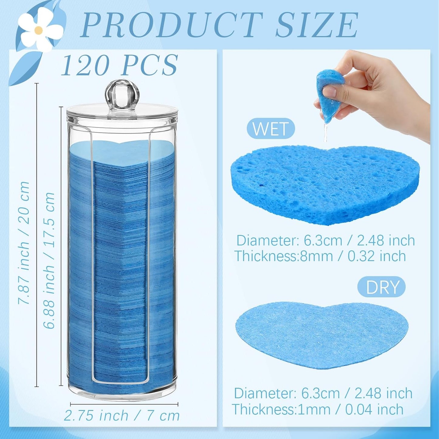 Sieral 120 Pcs Compressed Facial Sponges with Container Disposable Face Sponge Pads for Washing Face Cleansing Exfoliating Esthetician Makeup Removal(Heart,Dark Blue)