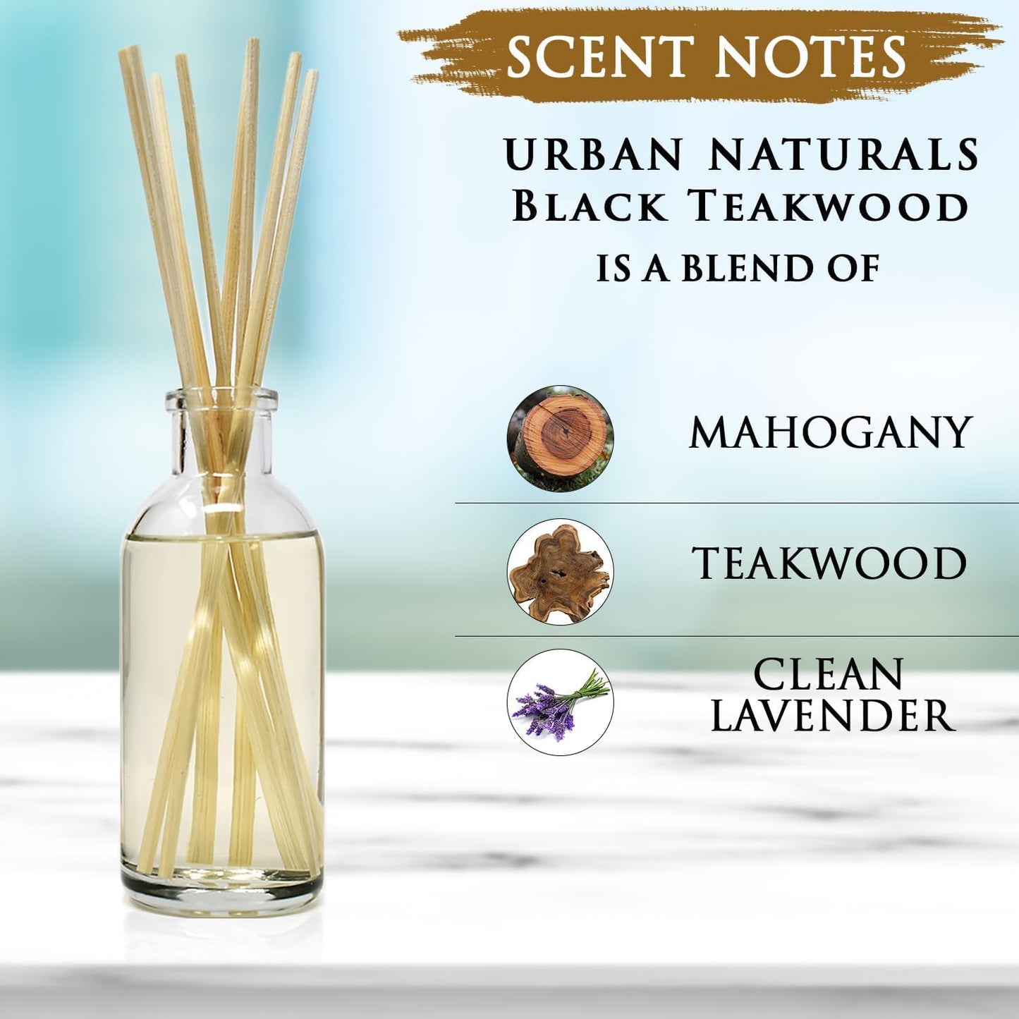 Urban Naturals Black Teakwood Reed Diffuser Scent Sticks Gift Set | Mahogany & Black Teakwood blend with Lavender, Geranium & Oak Wood | Scented Oil for Mid to Large Size Rooms. Vegan. Made in the USA
