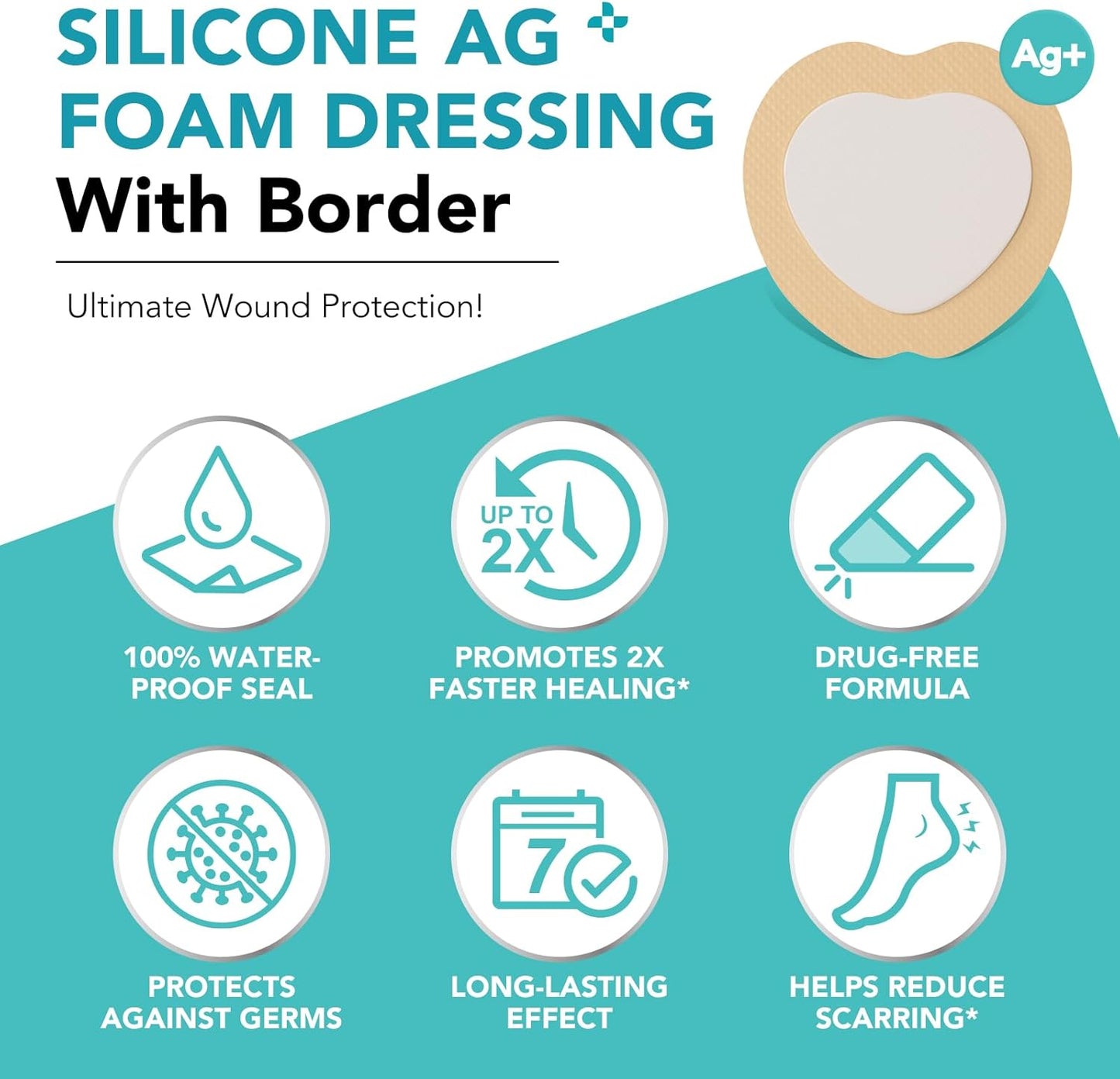 Silicone Foam Dressing Ag Sterile Wound Bandage with Waterproof Gentle Silicone Adhesive Border (5 Packs), 7"x 7" Breathable Ultra Absorbent Pads (7.08x7.08 Inch (Pack of 5))