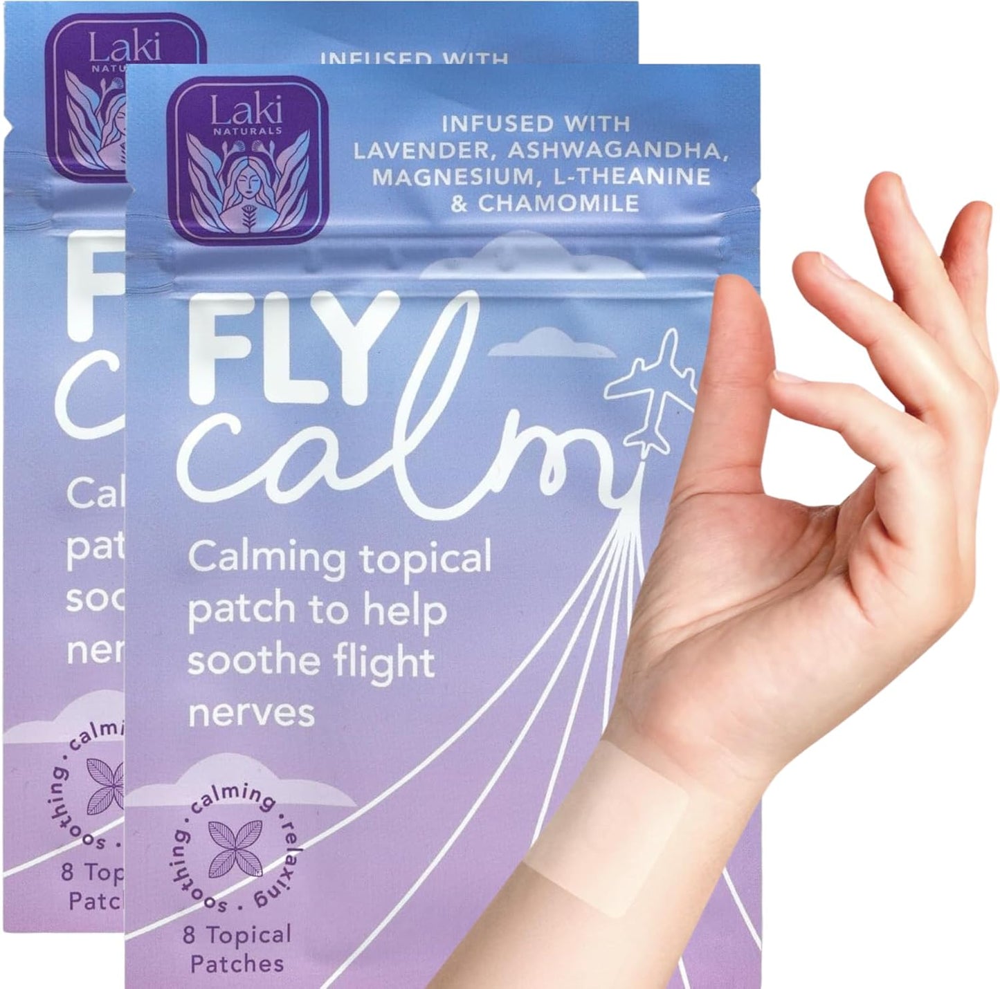 Laki Naturals Fly Calm Patch (2-Pack, 8 per Pack) | Plant-Based Ingredients for Air Travel Stress | Calm Your Fear of Flying