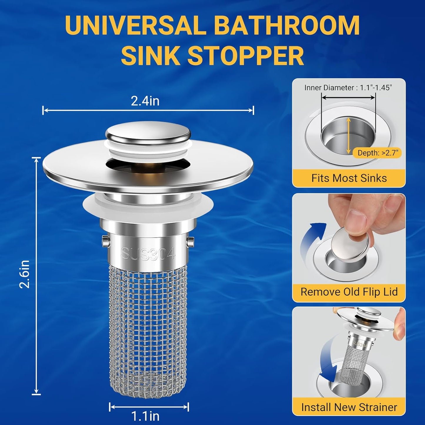 Bathroom Sink Drain Strainer, Pop-Up Bathroom Sink Stopper with Removable Stainless Steel Hair Catcher Basket, Universal Fit for US Bathroom Sinks, Bathtubs, Showers & Floor Drains (Silver*4)