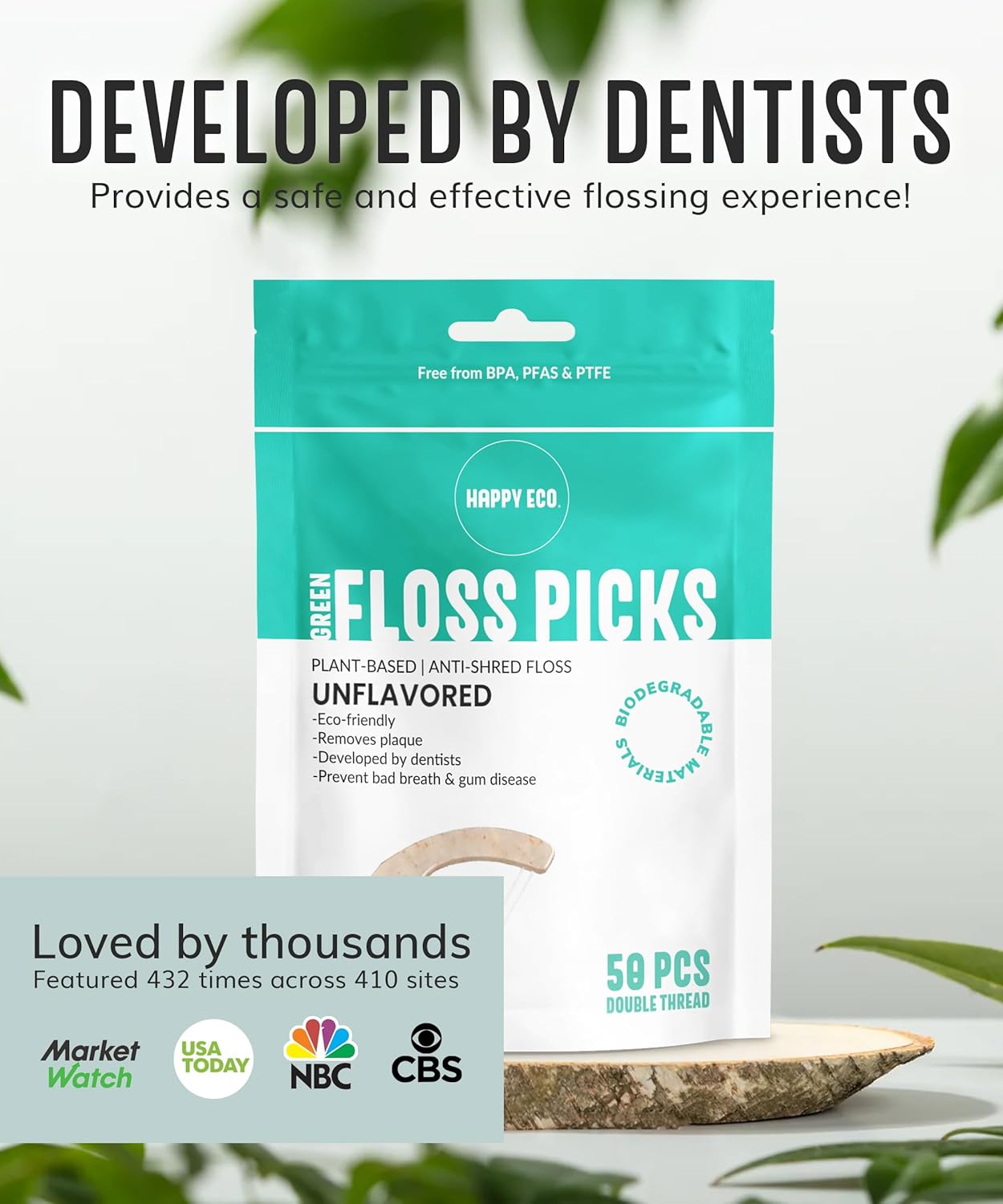 Floss Picks Biodegradable (200pcs) - Plant Based Dental Floss Picks, Natural Flossers for Adults & Kids, Nontoxic Vegan Tooth Pick Flossers & Eco Floss Sticks - Double Thread Unflavored