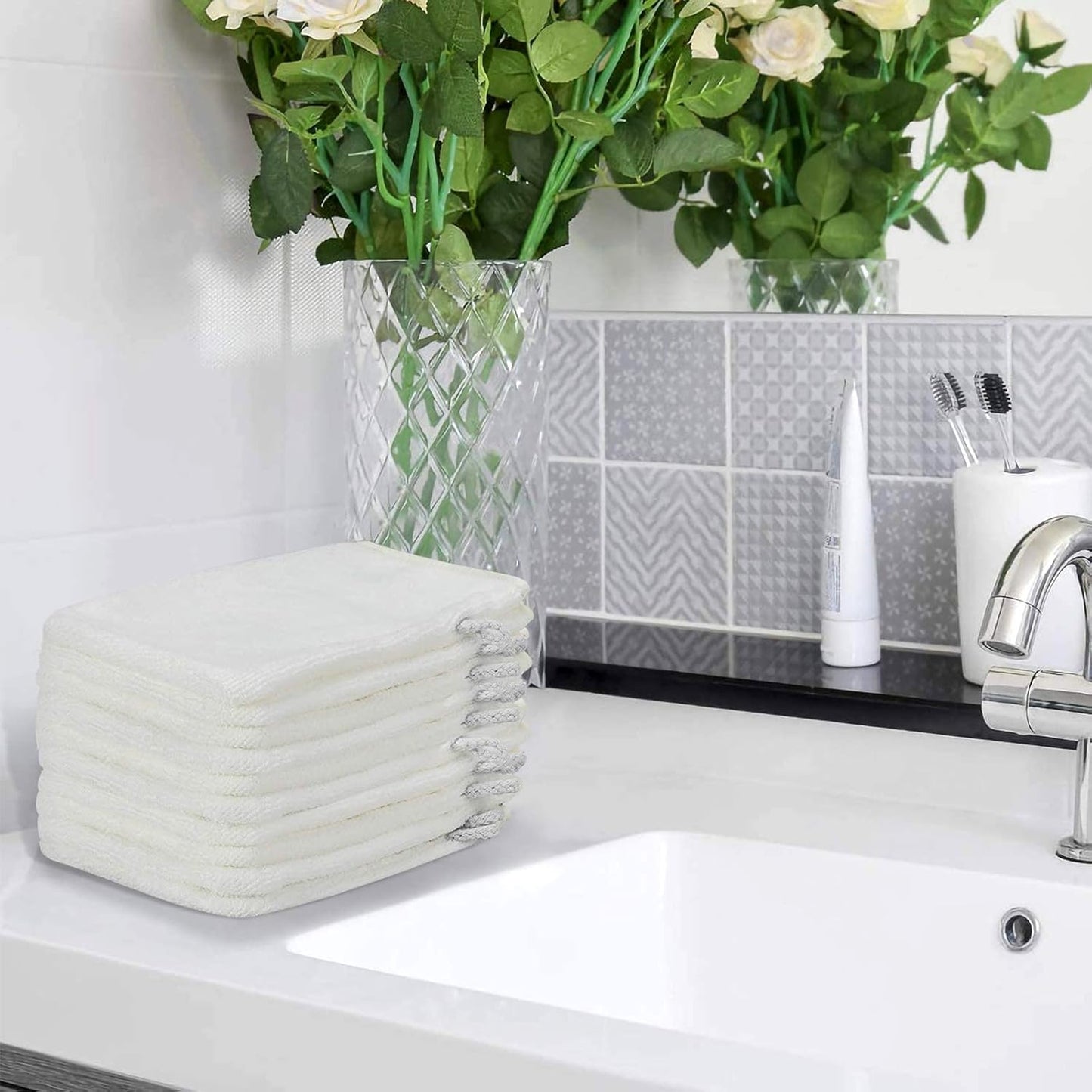 PHOGARY 10 Pack Microfiber Body Wash Mitts, Soft Face Mitten, Bath Spa Cloth, Reusable Makeup Remover Mitt Gloves, European Style Wash Cloth, 6×8 inch (White)