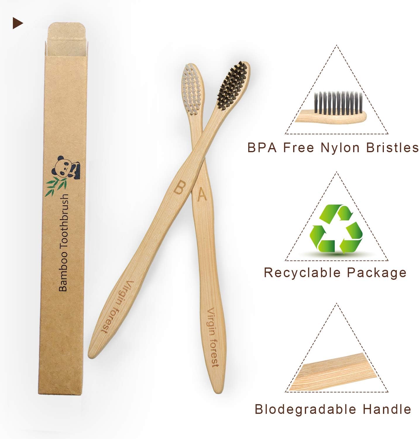 Virgin Forest Bamboo Toothbrushes, Eco Friendly BPA Free Soft Bristles Toothbrush, Biodegradable Natural Wooden Toothbrushes, Vegan Organic Bamboo Charcoal Tooth Brush for Sensitive Gums Set of 10