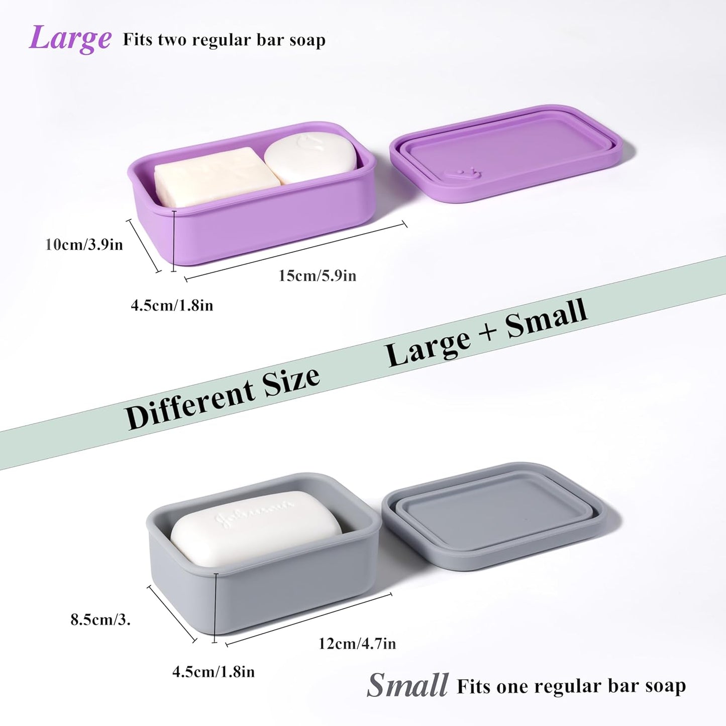 MtBoi 2PC Portable Leakproof Travel Soap Case, Silicone Soap Container, Compact Travel Holder with Drainage Layer, Camping, Gym, Outdoor Lavender&Gray