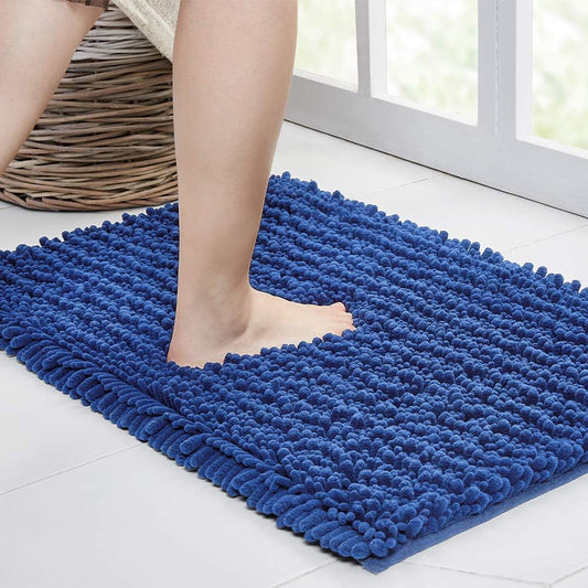 Walensee Bathroom Rug Non Slip Bath Mat (32x20 Dark Blue) Water Absorbent Super Soft Shaggy Chenille Machine Washable Dry Extra Thick Perfect Absorbant Best Large Plush Carpet for Shower Floor