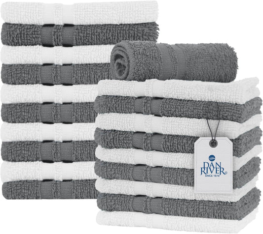 DAN RIVER 100% Cotton Washcloths 20 Pack Premium Quality Face and Body Cloth, Quick Dry Essential Towels for Bathroom, Hand, Kitchen & Cleaning, Baby Rugs | 11X11 in | 400 GSM | Grey + White