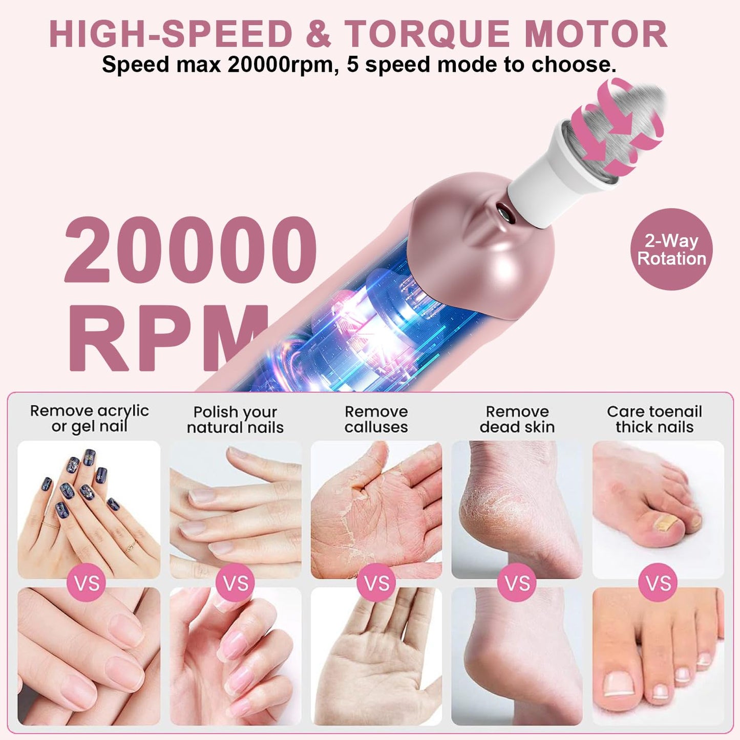 Professional Manicure Pedicure Kit, 9 in 1 Cordless Electric Nail Drill with 100 pcs Nail Drill Bits Sanding Bands, Nail Grinder for Human, 5 Speeds, Nail Dremel Kit for Home and Salon Use